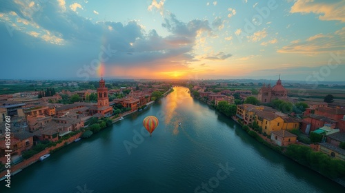 Aerial View of Calahorra with Rainbow and Hot Air Balloon at Sunrise, Spain
