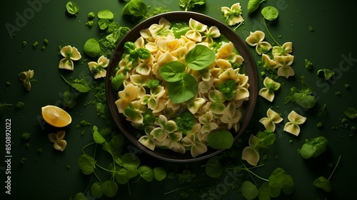 Pasta with leeks and herbs on a dark green background. A delicious and vibrant dish bursting with flavors and fresh ingredients.