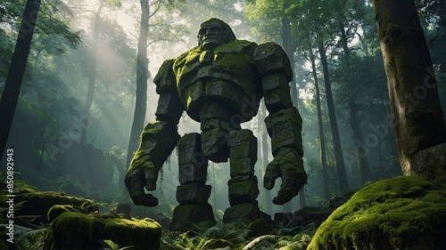 Giant stone golem among ancient stone ruins in a forest, fantasy concept.