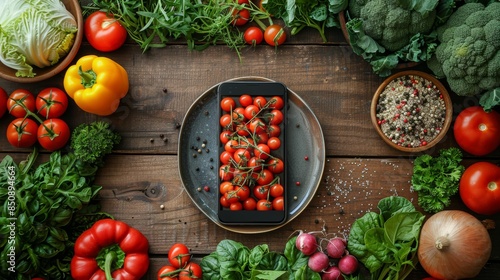 Top View Of Fresh Vegetables And Smartphone On Wooden Table