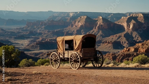 Old West wagon, canyons in the background.