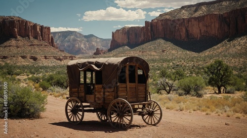 Old West wagon, canyons in the background.