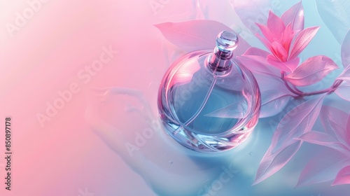A bottle of perfume is on a table next to a pink leaf