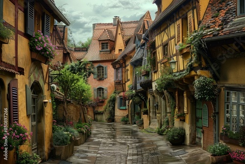 Quaint cobblestone path in an old european village, lined with charming timber houses and blooming flowers