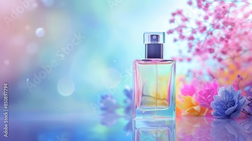 A bottle of perfume is displayed on a table next to a bunch of pink flowers