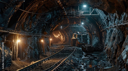 Dimly Lit Underground Mine with Machinery