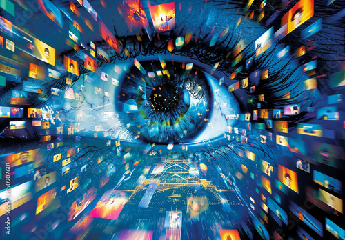 Artistic representation of a human eye witnessing a torrent of digital images, symbolizing the overwhelming flow of information in the digital age