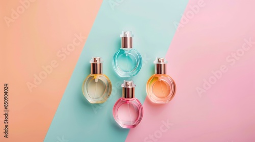 A bottle of perfume is displayed on a colorful background