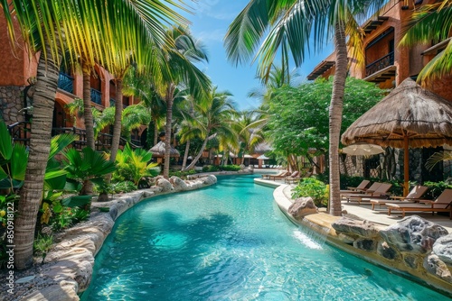 Luxurious holiday resort with a lazy river meandering between lush palms and tranquil sun loungers