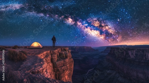 A lone figure stands on a cliff overlooking a vast canyon, gazing at the Milky Way stretching across the night sky.