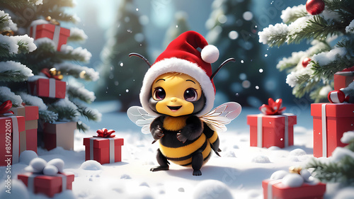 4d photographic image of full body image of a super cute little chibi bee wearing a red Santa hat, realistic, buzzing around a snowy-covered Christmas tree with presents underneath, vivid colors octan