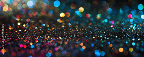 Black background with bright, multicolored bokeh lights.