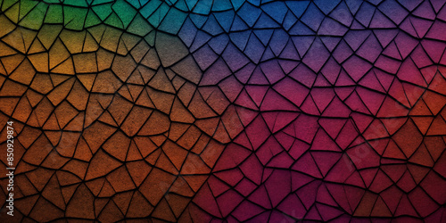 Bunte abstrakte Mosaikstruktur in einem Farbverlauf von grün zu blau und rot, mit einem komplexen, geometrischen Muster, das an gebrochene Glasstücke erinnert