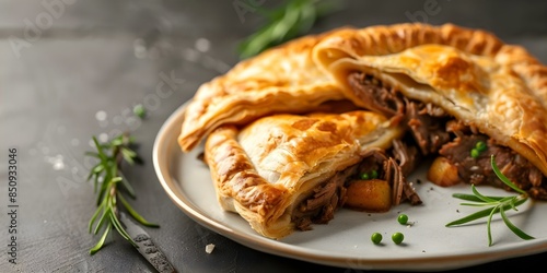 A plate of Cornish pasty with beef potatoes onions and swede. Concept Food Photography, Cornish Pasty, Traditional British Cuisine, Comfort Food, Delicious Treats