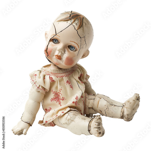 Vintage cracked porcelain doll antique toy spooky concept on a transparent background