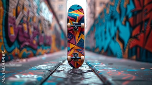 Vibrant Geometric Skateboard in Urban Graffiti Alleyway