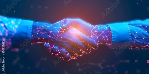 International handshake symbolizing digital logistics data exchange for global business operations. Concept Global business, Digital logistics, International handshake, Data exchange