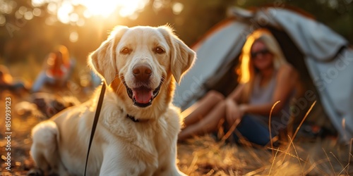 happy Labrador retriever dog with family go camping outdoor park together , happy summer traveling and holiday with pet companion concept