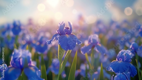 Stunning Field of Blooming Blue Irises Bathed in Golden Sunset Light