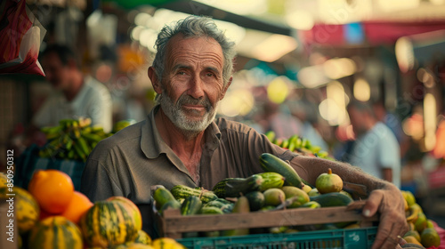 A man is standing in front of a fruit stand with a crate of cucumbers in his han