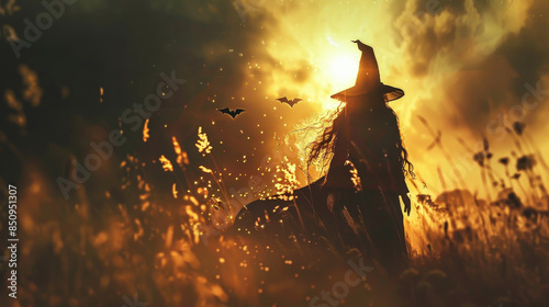 A witch is standing in a field with a sun in the background