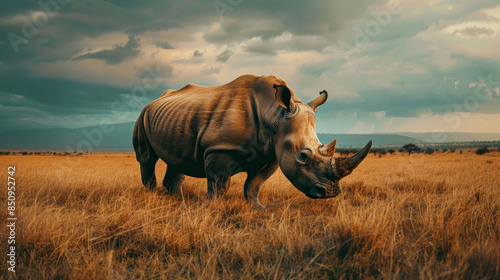A rhino is standing in a field of tall grass