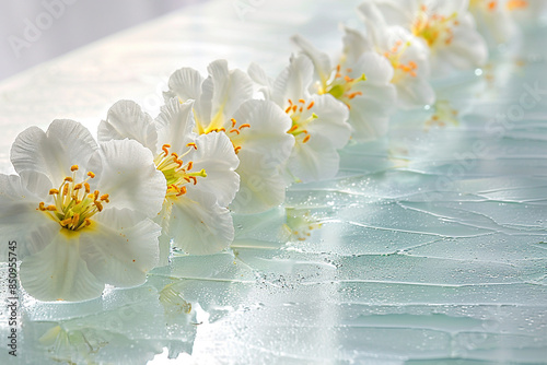 A row of jasmine flowers aligned on a sleek white glass surface.