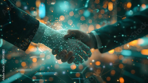 Business cyber handshake solidifying a deal with trust and successful partnership. Corporate collaboration underpinned by mutual respect, emphasizing teamwork and financial agreements.
