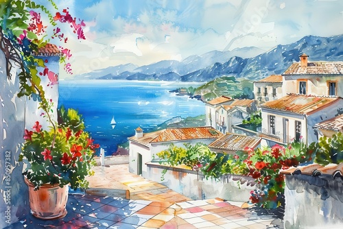 charming seaside town in spain with colorful flowers and ocean views watercolor painting
