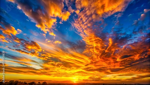 A Vivid Sunset Sky With Vibrant Orange, Yellow, And Blue Hues.