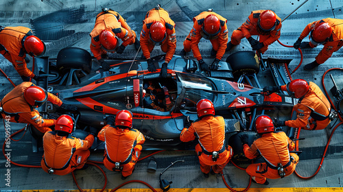 Professional pit crew ready for action as their team's race car arrives in the pit lane during a pitstop of a car race, concept of ultimate teamwork