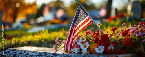 American flag on a grave surrounded by flowers in a cemetery during autumn