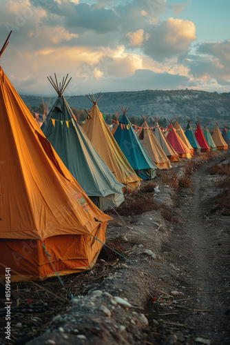 Elegant photo of a Romani festival scene with colorful tents, captured in a minimalist style,