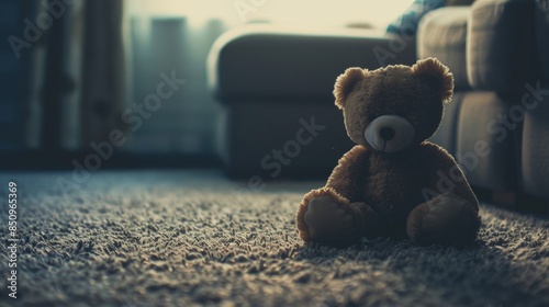 Teddy bear sitting alone in dark room near couch