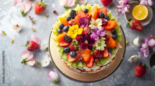 Gluten-Free Celebration Cake with Fresh Fruit and Edible Flowers on Elegant Stand