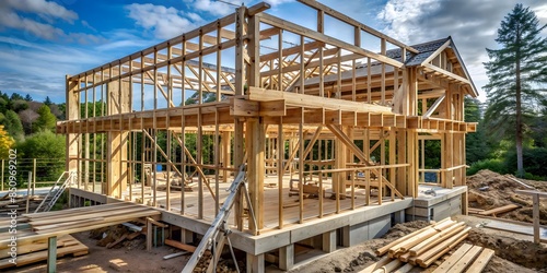 The Framework Of A House Under Construction With A Beautiful Blue Sky In The Background