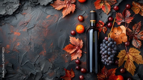 Artistic flat lay of wine bottle, ripe grapes, and orange leaves, isolated on a dark background, top view, ample copy space for text or branding