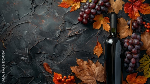 Bottle of red wine with ripe grapes and orange leaves arranged artfully, dark background, top view, flat lay, ample copy space, elegant and rustic feel