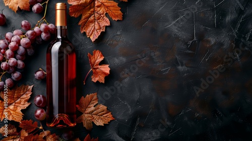 Bottle of wine, ripe grapes, orange leaves on a dark background, flat lay, top view, plenty of copy space, perfect for product mockup or branding