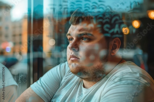overweight young man contemplating lifestyle changes for improved health reflective window portrait