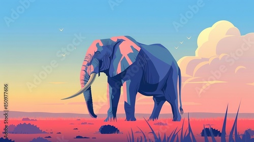  An elephant with tusks in a field surrounded by tall grass and clouded background