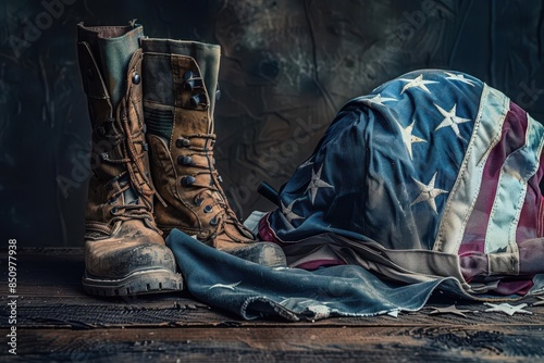 poignant veterans day tribute with military boots folded flag and helmet honoring service and sacrifice still life photography