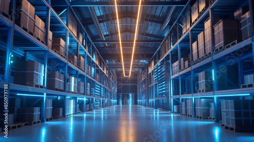 A modern warehouse with rows of shelves stocked with boxes, illuminated by bright blue and orange lights.