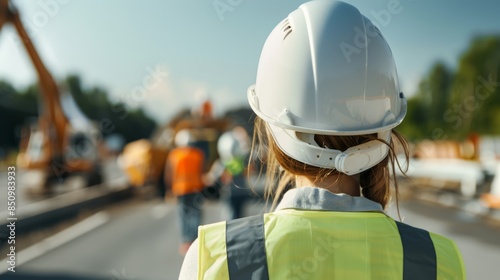 Civil engineer woman in white hard hat and vest, supervising motorway construction under clear blue sky, workers and machinery in action, from behind