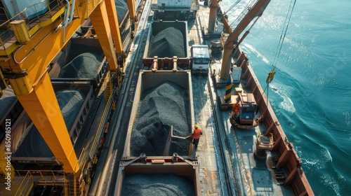 Bulk Cargo Handling: Workers and machinery handling bulk cargo like coal, grains, or minerals at a busy shipping terminal, illustrating the logistics of bulk goods transport.