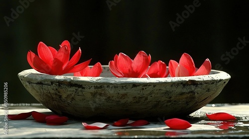  A bowl brimming with scarlet blossoms rests atop a wooden table, surrounded by crimson petals strewn across the floor