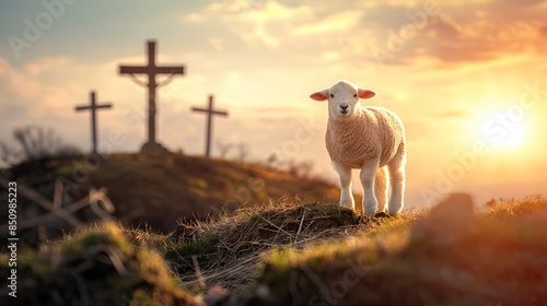 Lamb standing in front of the three crosses on Calvary hill