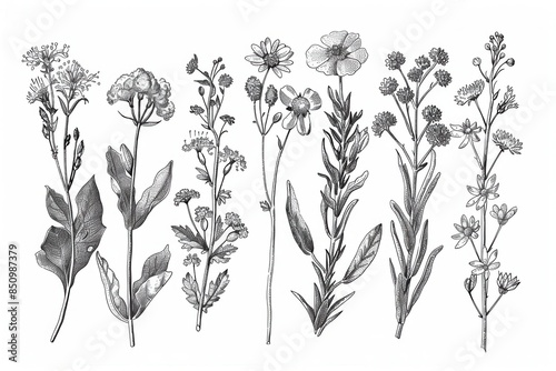 vintage botanical illustration of delicate wildflowers and herbs handdrawn engraving style sketch