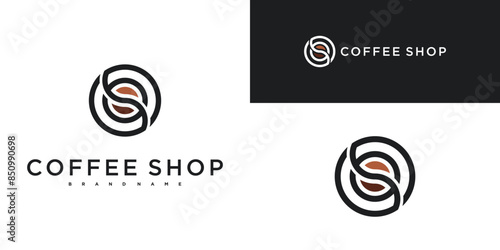 Coffee shop logo design. Vector combination of coffee beans with circle lines. Premium Vector