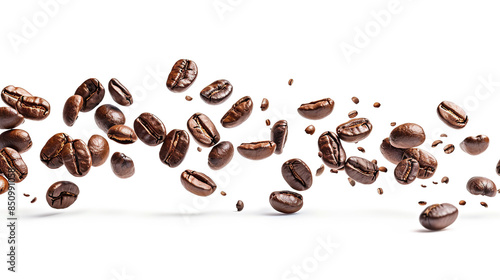 Coffee beans floating in the air close -up isolated on a white background 